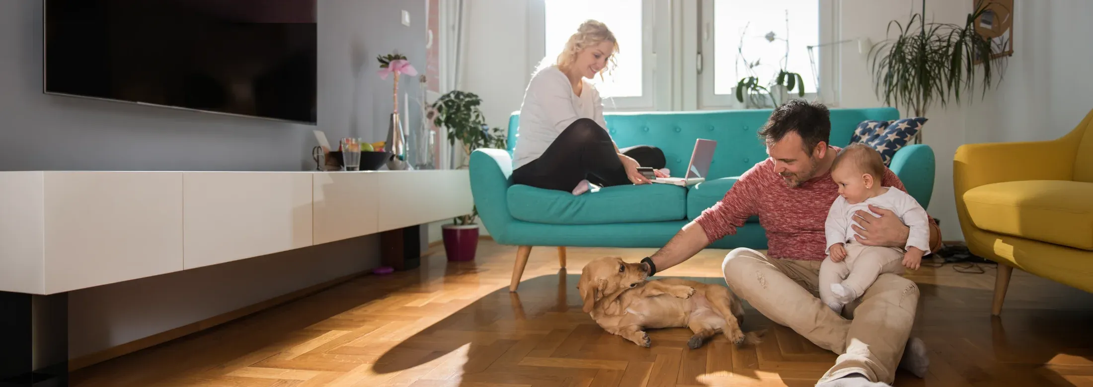 pest free living, man petting dog and holding baby